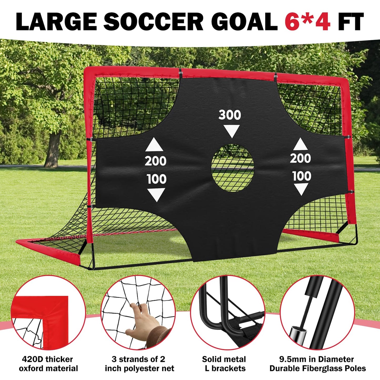 Fololicx Red Soccer Goals for Backyard, 2 of 6x4ft Kids Soccer Net Training Equipment, Portable Pop Up Toddler Soccer Goal with Soccer Ball, Scoring Target Cloth, and Cones - Fun Youth Outdoor Games