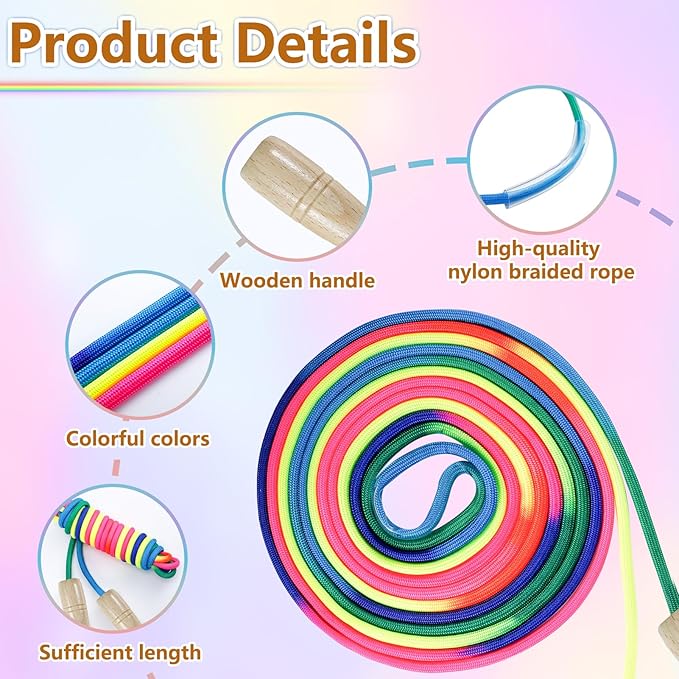2 PCS Long Jump Ropes, 16 FT Adjustable Skipping Rope for Kids, Double Dutch Jumping Ropes, Rainbow Jump Rope with Wooden Handle, Nylon Jumping Rope for Outdoor Fun, Party Game