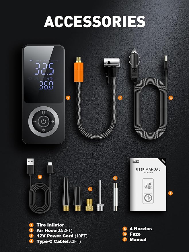 SMART JERRY - Tire Inflator Portable Air Compressor | Cordless Mini Bike Tire Pump with Gauge | Dual-Power Electric 12V Air Compressor for Auto, Motorcycles, Bikes, Balls | Fast Inflation Max 150 PSI