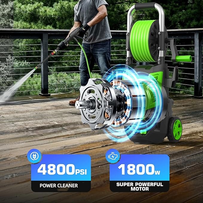 4800 PSI Pressure Cleaner- 4.0 GPM High Power Cleaner with 33FT Hose Reel, 4 Spray Tips and Soap Bottle for Car Washing, Fence Cleaning, Patio Maintenance（Upgraded）(Light Green)