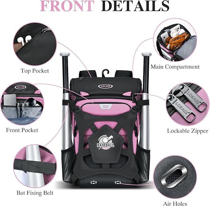 Baseball Backpack for Adult and Youth, Large Capacity Lightweight Softball Bag With Shoe Compartment and Fence Hook for TBall Bat & Equipment, Waterproof for Helmet, Gloves