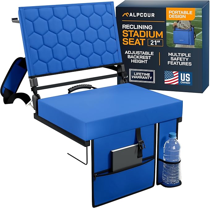 Extra Wide Folding Reclining Stadium Seat with Back Suppot for Bleachers, Bleacher Hooks, Thick Cushion, Cup Holder, Storage Pockets – Portable Chair for Kayak, Canoe, Paddle Board, Concerts, & Sports