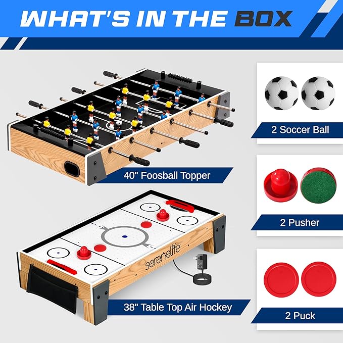 SereneLife 38” Table Top Air Hockey and 40” Foosball Set, 2-in-1 Swivel Game Table with Soccer Balls, Pushers, and Pucks for Game Rooms, Arcades, Bars, Parties, Family Gatherings