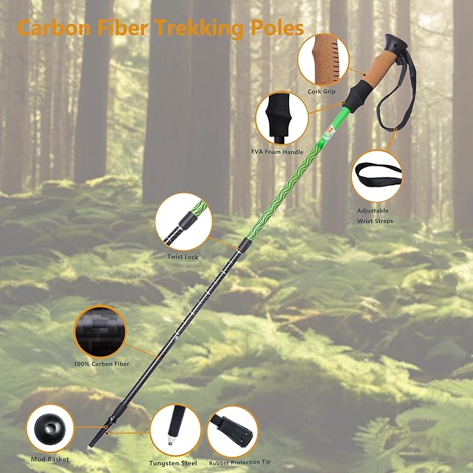 Carbon Fiber Trekking Poles, Lightweight Adjustable Hiking Poles with Cork Grips, Pair of 2 Walking Sticks Balance Support for Women and Men