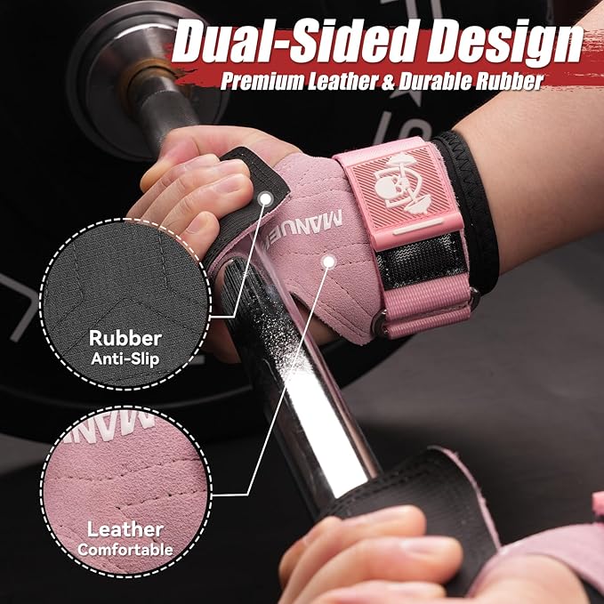 MANUEKLEAR Gym Straps Weight Lifting, Double Leather Lifting Straps for Men Deadlift with Cushion Wrist Loop, Gym Lifting Wrist Wraps for Weightlifting