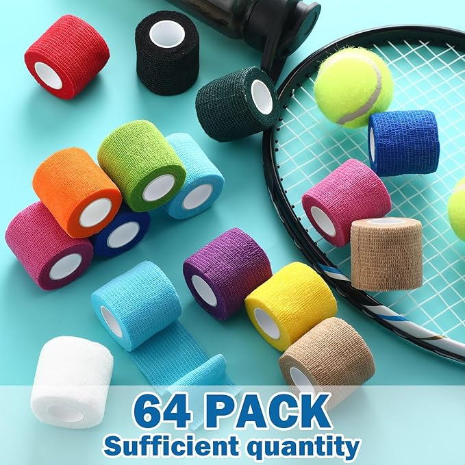 Treela 64 Pack 2" x 5 Yards Self Adhesive Cohesive Bandage Wraps, Elastic Breathable Athletic Tape, Flexible Self Adherent Bandage Rolls for Wrist, Ankle, Fingers, Sports & Pets (Colorful)