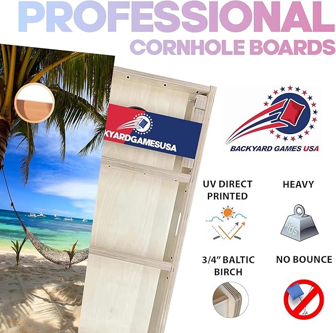 CornholeGamesUSA Pro Cornhole Boards Set | Made in USA | 3/4 Baltic Birch | No Bounce | Triple Thick Legs | Two Brace & Handles, Tournament 2x4 Regulation Set with Score Tower & Cornhole Bags