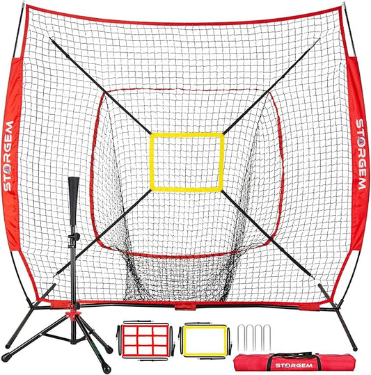 Storgem Baseball and Softball Practice Net 7×7ft Portable Hitting Pitching Batting Training Net Baseball Backstop Net with Batting Tee and Strike Zone and Bow Frame