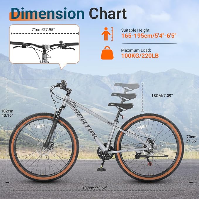 SPATIAL Mountain Bike, 24/26/27.5/29 inch Outdoor Cycling Bike,21/8 Speed Lightweight Aluminum Frame | Dual Disc Brakes,Adjustable Ergonomic Seat for Men Women Adult,MTB Bicycle