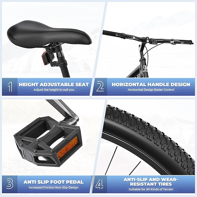 Outroad 26 Inch Comfort Mountain Bike,1-Speed/High-Carbon Steel Adult Bike with V Brakes, Adjustable Ergonomic Seat Bicycle for Men and Women