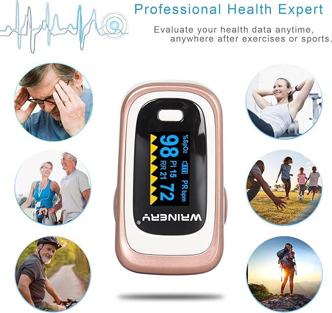 WRINERY Oxygen Saturation Monitor, Pulse Oximeter Fingertip, Oxygen Monitor, O2 Saturation Monitor, OLED Portable Oximetry with Batteries, Lanyard (Rose gold-White)