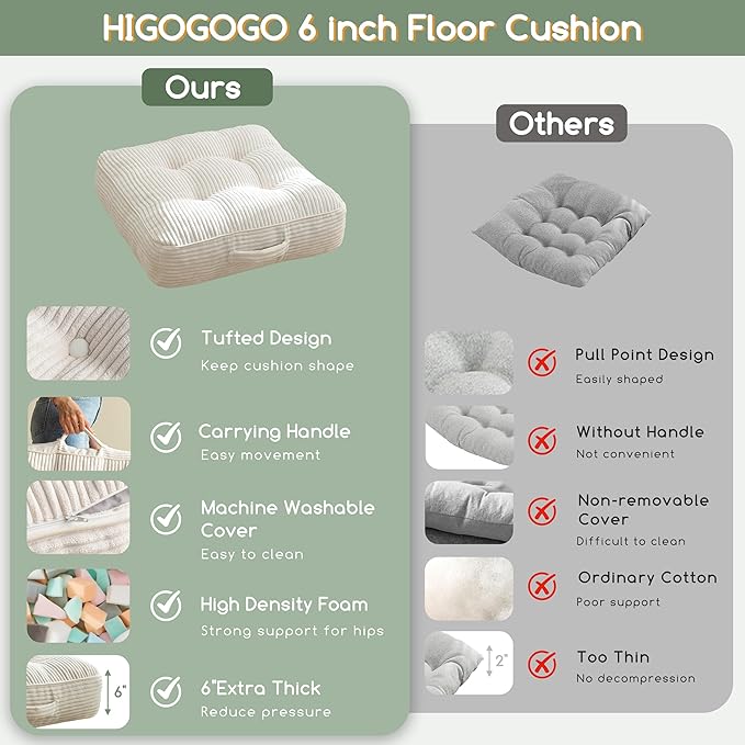 6" Washable Floor Pillow Cushion for Adults, Meditation Cushion Pillow, Large Square Floor Sitting, Removable Tufted Corduroy Cover, for Tatami Living Room or Yoga, 22x22 Inch, 2Pack, Machine Washable