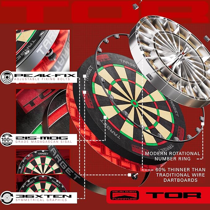 TARGET Darts TOR Dartboard, Steel Tip Dart Board | WDF Approved Competition Standard Dartboards & Fixing Kit, Modern Rotational Number Ring, Premium Madagascan Sisal, Stainless Steel Thin Wire System