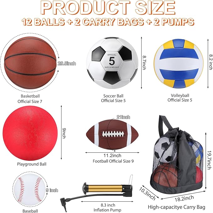Deekin 12 Pcs Assorted Sport Ball Set Official Size Basketball, Football, Volleyball, Soccer, Baseball, Playground Ball with Bag and Pump Gift for Kid Youth Adult Back to School