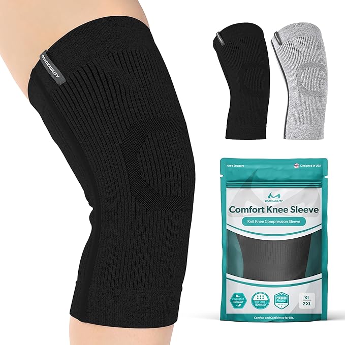 BraceAbility Knee Compression Sleeve - Knit Knee Pain Brace for Men or Women, Arthritis Relief, Meniscus Tear, Running, Workout, Sports, Swelling, Athletic Support for Joint Stability (XL/2XL Black)