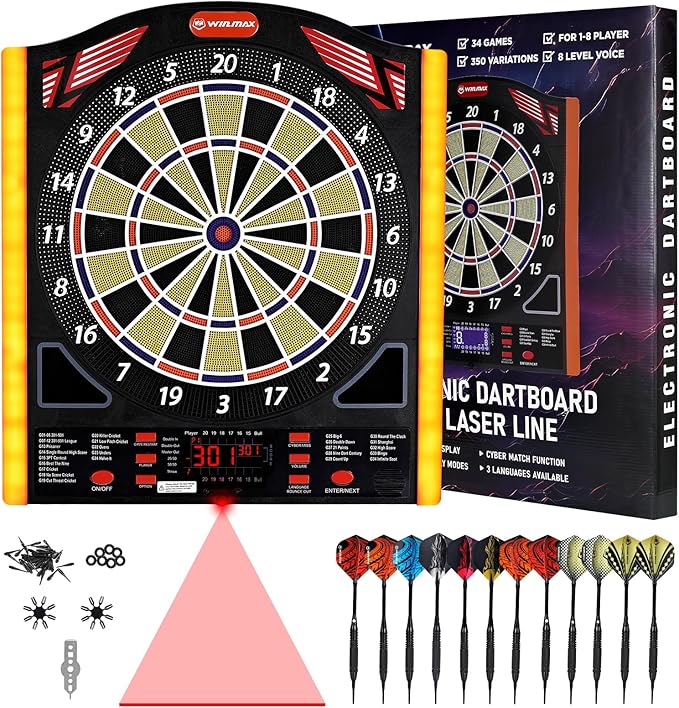 Professional Electronic Dartboard Set with Laser Toe Line, 34 Games & 350 Modes, 1-8 Players, Includes 12 Darts, Suitable for Batteries/Adapters