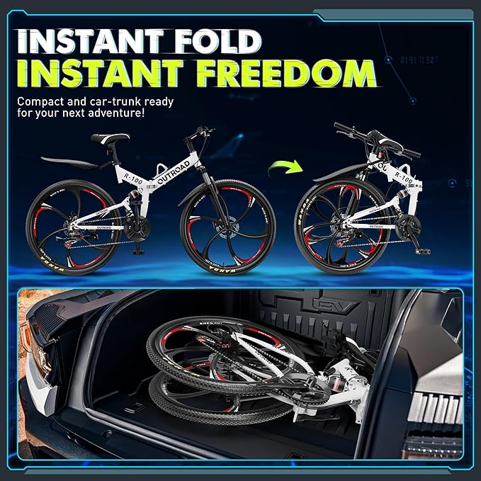 26 inch Folding Mountain Bike, Carbon Steel Frame and 21 Speed, Double Disc Brake and Dual Suspension Folding Bike for Adults/Men/Women, Easy Assembly Bicycle(Black/Green/Orange)