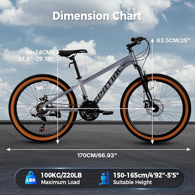 SPATIAL Mountain Bike, 24/26/27.5/29 inch Outdoor Cycling Bike,21/8 Speed Lightweight Aluminum Frame | Dual Disc Brakes,Adjustable Ergonomic Seat for Men Women Adult,MTB Bicycle