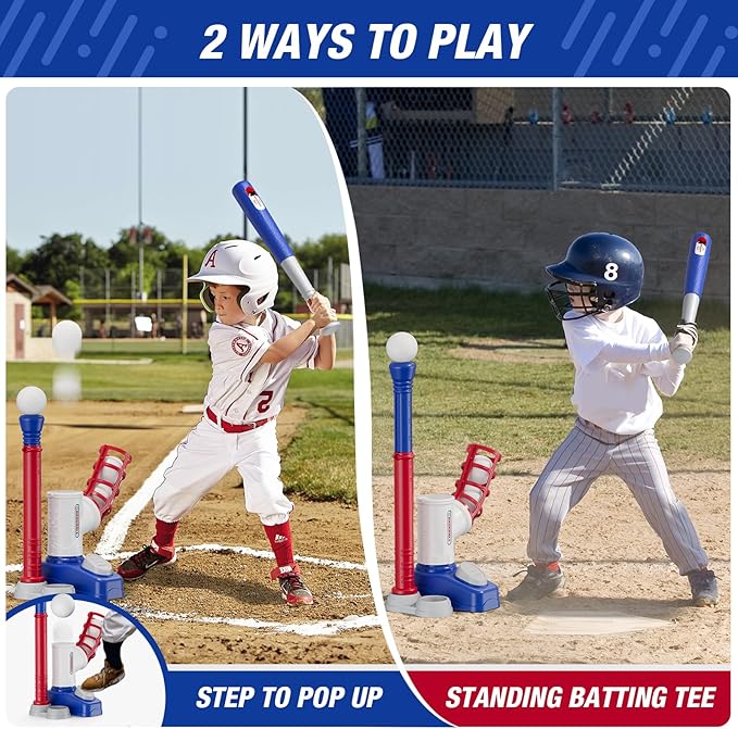 Tball Set for Toddlers 3-5, Tee Ball Set with Step on Pitching Machine/Adjustable Batting Tee/Retractable Baseball Bat/8 Pop Up Balls, Outdoor Sport Toy Games for Kids Boys
