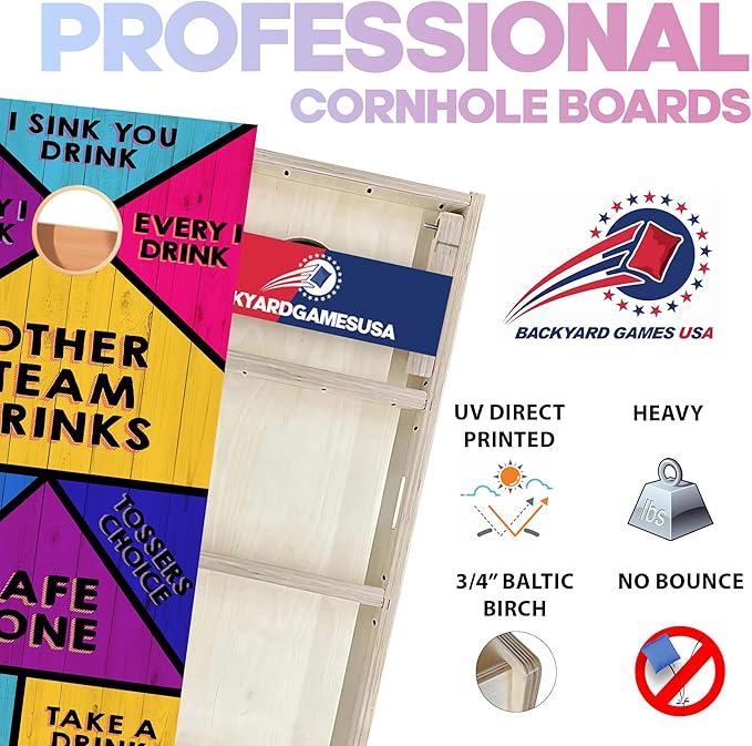 CornholeGamesUSA Pro Cornhole Boards Set | Made in USA | 3/4 Baltic Birch | No Bounce | Triple Thick Legs | Two Brace & Handles, Tournament 2x4 Regulation Set with Score Tower & Cornhole Bags
