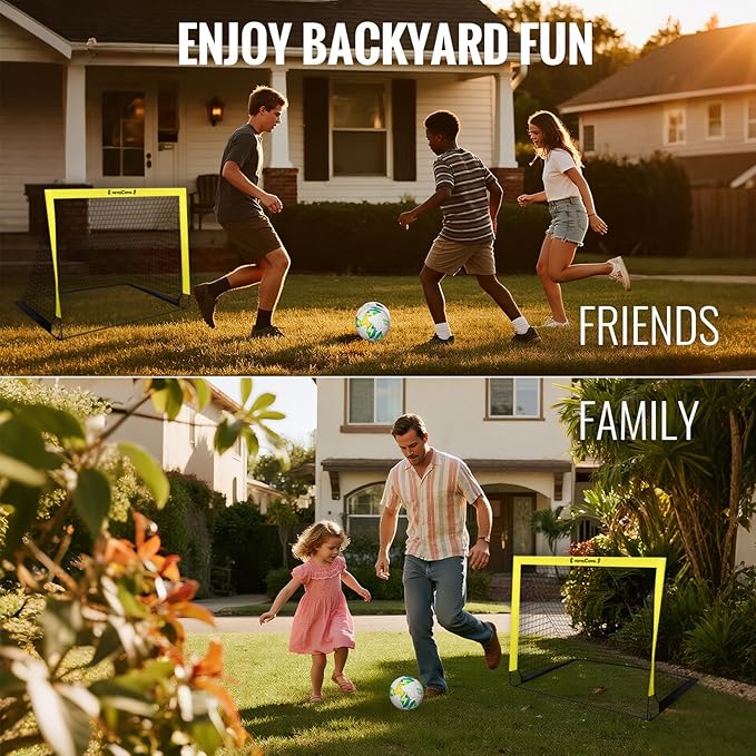 VavaCava 4'x3' Size Portable Soccer Goals Set for Backyard Fun, 2 Nets, 2 Size 3 Balls, 10 Marker Cones, Pump and Carry Bag, Outdoor Games for Backyard, Beach, Lawn, Kids Soccer Training Equipment