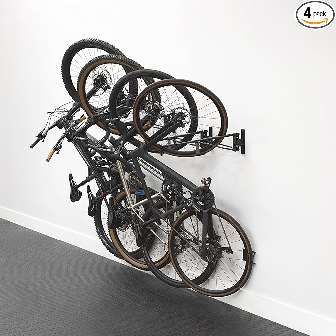 StoreYourBoard SwivelStow Bike Storage Rack 4 Pack, 2 MTB & 2 Road & Gravel Bike Wall Mounts, Heavy Duty Bike Hanger, No-Lift Bike Wall Mount for Garage Bike Storage, Holds 70 lbs, Patent-Pending