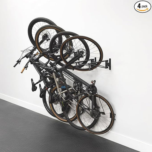 StoreYourBoard SwivelStow Bike Storage Rack 4 Pack, 2 MTB & 2 Road & Gravel Bike Wall Mounts, Heavy Duty Bike Hanger, No-Lift Bike Wall Mount for Garage Bike Storage, Holds 70 lbs, Patent-Pending