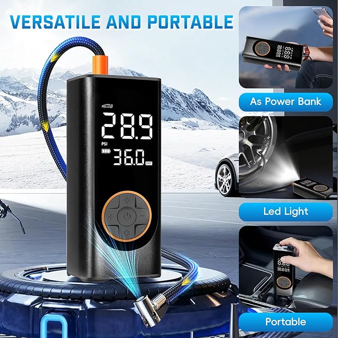 Tire Inflator Portable Air Compressor, 150PSI Cordless Air Pump for Car Tires, 4X Faster 12V DC Tire Pump with Tire Pressure Gauge, LED Light for Cars, Motorcycles, Bikes, Balls (Black)