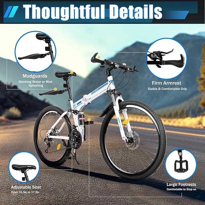DHBREK Adult Folding Bikes 26'' Mountain Bikes 21 Speeds Mountain Bicycles Mountain Bike for Adults with Dual Disc Brake/High-Carbon Steel Folding Bicycle for Women Men Adults