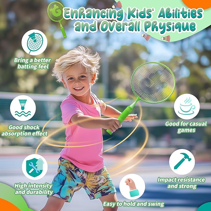 JOY SPOT! Kids Badminton Rackets Set with Soft Grip, Oversize & Lightweight Shuttlecocks Racquet with Carry Bag for Children Youth, 2 Player Sport Game for Indoor Outdoor Backyard