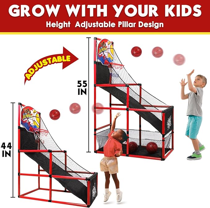 AOKESI Arcade Basketball Game Set Indoor for Kids Basketball Hoop Outdoor Sports Play Toy for Toddler Boys Girls 3-5 6-7 8-12 Years Old Adjustable Height with 4 Balls