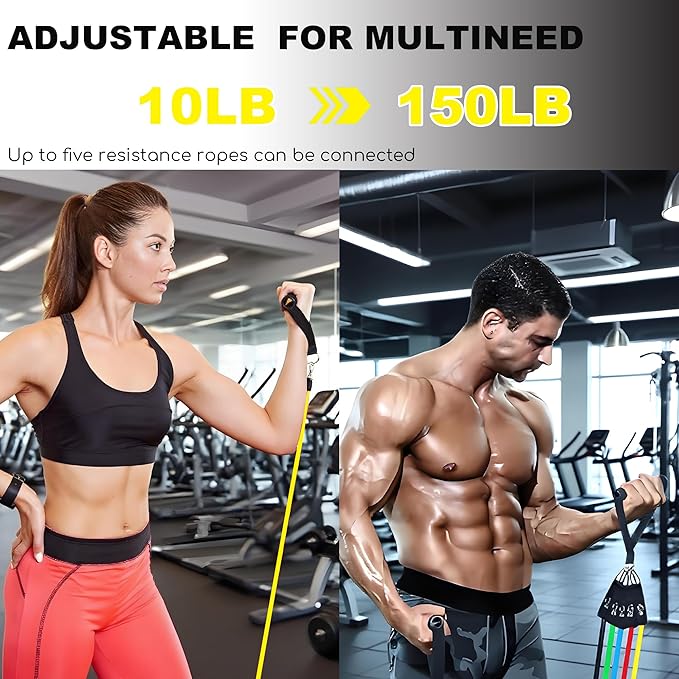 Resistance Bands Set with Door Anchor Training System, 5 Colors Stackable up to 150LBS, Includes 5-Angle Door Training Tool, Home Full Body Workout Bands, Handles, Ankle Straps, Portable Bag