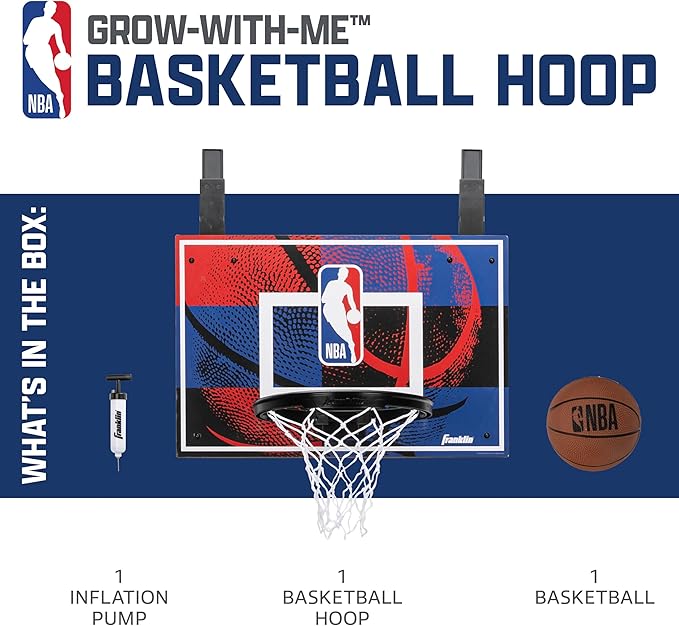 Franklin Sport NBA Grow-with-Me Kids Mini Basketball Hoop Set - Over The Door Indoor Hoop for Kids - Includes (1) Adjustable Height Basket, (1) Mini Youth Basketball + Air Pump - Ages 3+
