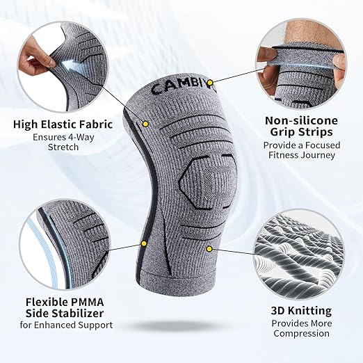 CAMBIVO Knee Brace for Women and Men with Side Stabilizer 2 Pack, Lightweight Knee Compression Sleeves for, Running, Workout and Daily Activities - Essential Series (Gray, Medium)