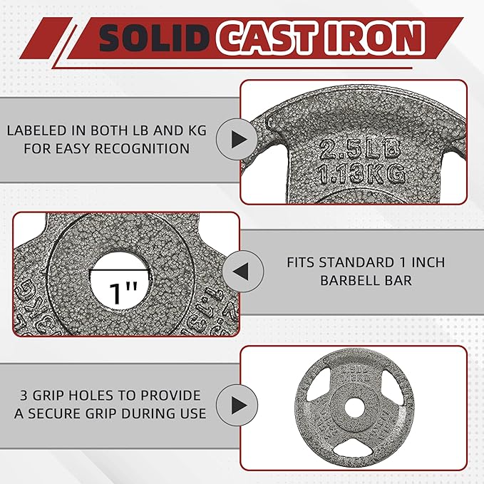 Cast Iron Gym Weight Plates | 1" and 2" Olympic Bumper Plates for Weightlifting, CrossFit, Deadlift, and Squat