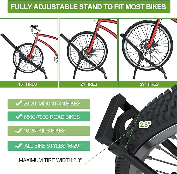 RELIANCER Adjustable Bike Storage Stand,Bicycle Floor Parking Rack,Steady Bike Wheel Holder Fit All Mountain & Road Bikes,Indoor Outdoor Cycling Storage Organizer,Apartment Garage Cycle Tires Holder