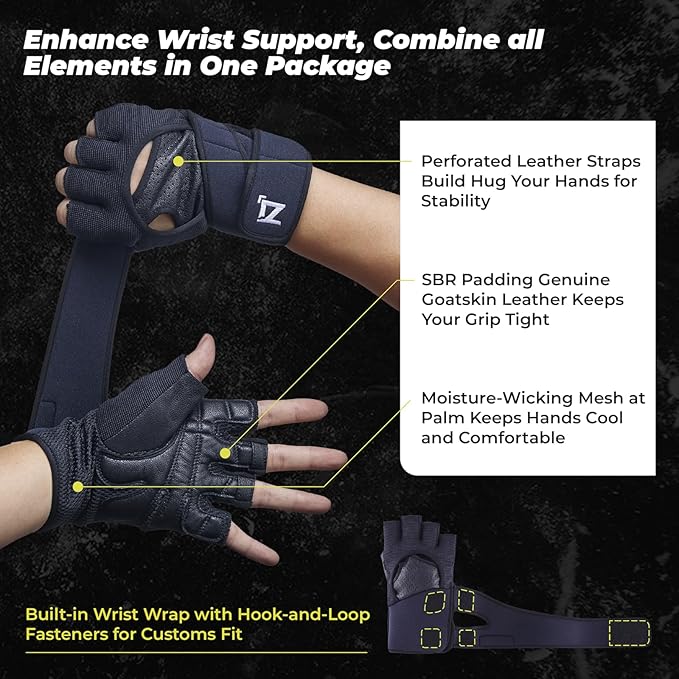 OOZi Fingerless Workout Gloves for Men Women with Wrist Wrap Support for Weight Lifting, Gym, Workout, Exercise, Fitness Training, Durable Genuine Leather Palm Grips