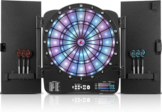 Electronic Dart Board Cabinet Set, Illuminated Target Dartboard for Adults Kids, 48 Games with 315 Variations Soft Tip Digital Dartboard Cabinets with 6 Darts, 100PCS Soft Tips