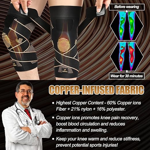 NEENCA Copper Knee Brace with Straps for Women/Men, Knee Compression Sleeve for Knee Pain, Arthritis, ACL, PCL, Meniscus Tear, Joint Pain Relief. Knee Support for Running, Workout, Weightlifting- Pair