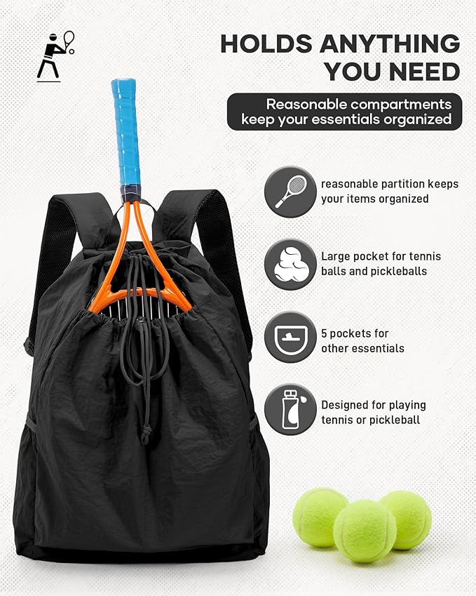 Tennis Racket Bag for Women, Waterproof Tennis Badminton Backpack 2 Racquets, Drawstring Racket Case for Ball Paddles