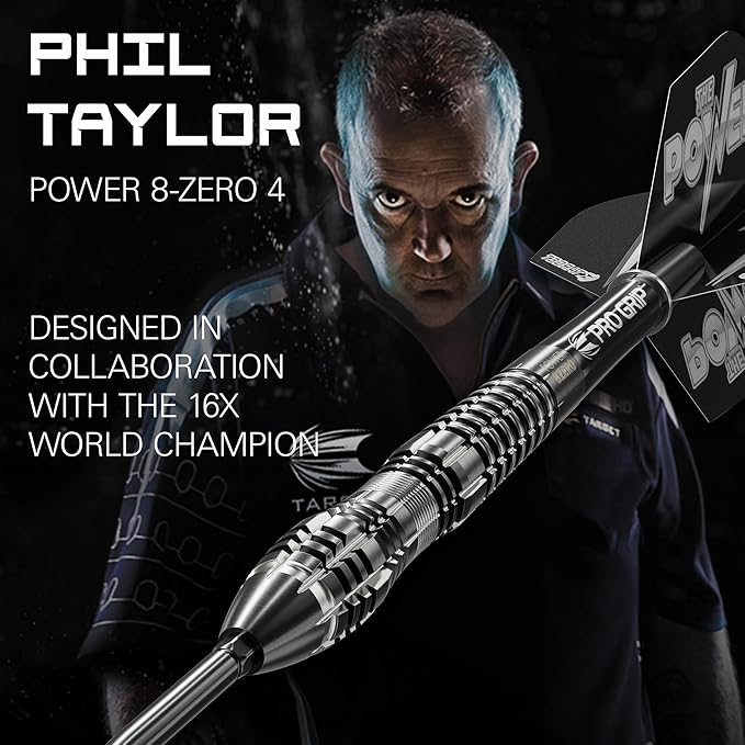 TARGET Darts Phil Taylor Power 8-Zero 4 Black Steel Tip Darts, 80% Tungsten Dart Set, P8Z4, 21G/23G/25G | Player Edition Darts with Swiss Point Tips or Fixed Points | Black Darts Case Included