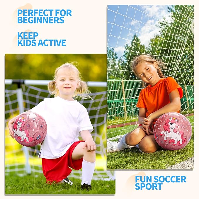 Kids Soccer Ball Size 2 Size 3 Size 4 Glitter Unicorn Dinosaur- For Toddlers Kids Age 1-3 3-8 8-12 - Sports & Outdoors Ball Inflatable with Pump - Gift for Girls Boys Children Youth School Birthday