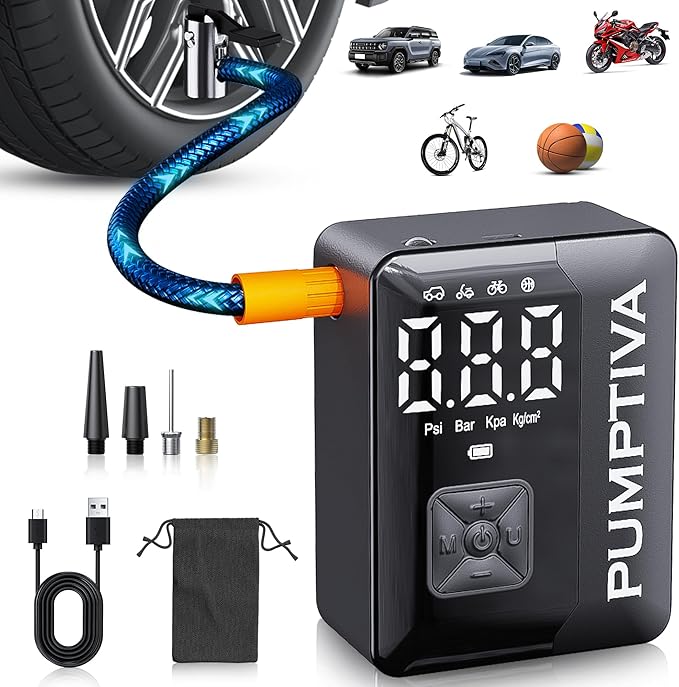 Tire Inflator Portable Air Compressor, 150 PSI Portable Electric Bike Pump Auto Shut-Off Cordless Car Tire Air Pump with Accurate LCD Display LED Light for Car, Motorcycle, Bicycle, Bike, Ball