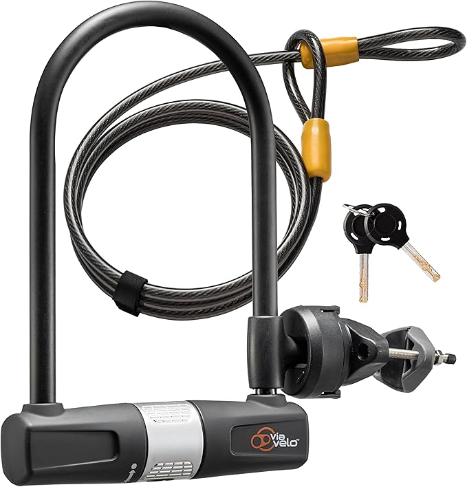 Bike U Lock with Cable - Via Velo Heavy Duty Bicycle U-Lock,14mm Shackle and 10mm x1.8m Cable with Mounting Bracket for Road, Mountain, Electric & Folding Bike