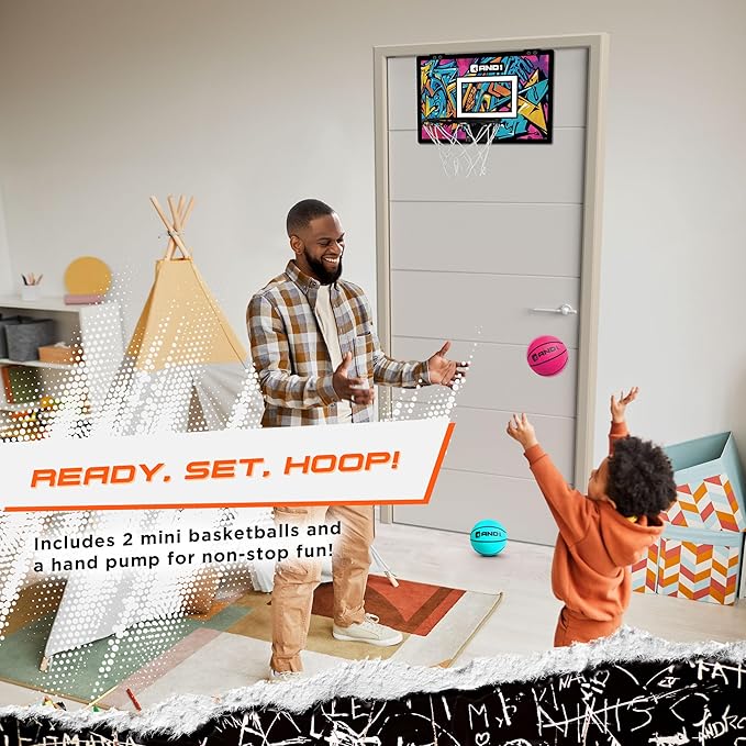 AND1 Over the Door Mini Basketball Hoop: 18x12 Shatterproof Backboard, 2 Mini Basketballs, and Hand Pump Included- Ultimate Indoor Basketball Accessory for Kids and Adults, No Tools Required