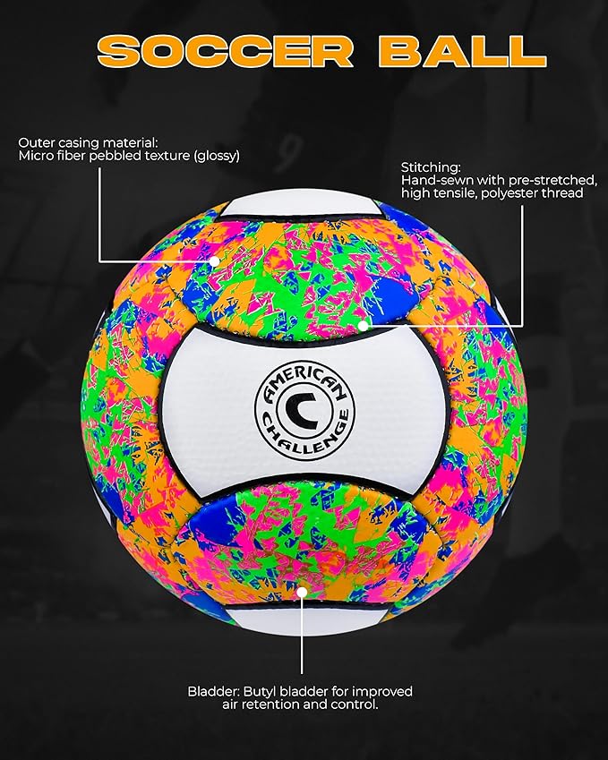 American Challenge Carnaval 18 Panel Soccer Ball – Size 3, 4, 5 – Soccer Ball Size 5 & 4 – Durable Soccer Balls for Training, Practice & Games – Official Size Options