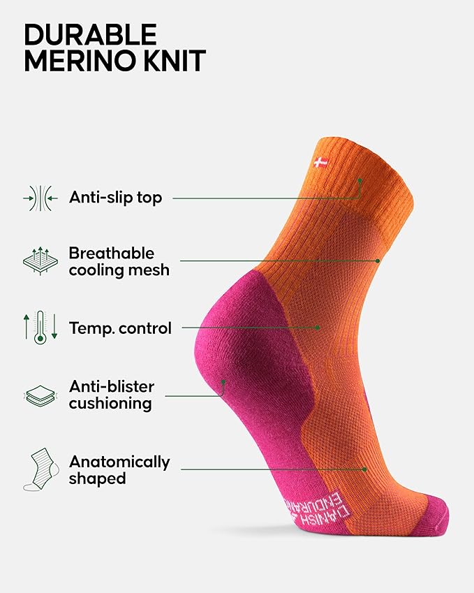 DANISH ENDURANCE Light Hiking Socks, Merino Wool Socks, Anti Blister, Sweat Wicking, Breathable, Men & Women, 3 or 5-Pack