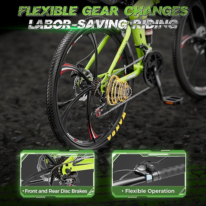 Outroad 26 Inch Folding Mountain Bike, 21 Speed Full Suspension High-Carbon Steel MTB Foldable Bicycle, Dual Disc Brake Non-Slip Folding Bikes for Adults/Men/Women, Black, Orange and Green