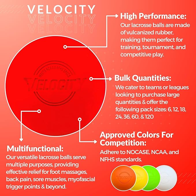 Velocity Lacrosse Balls - 1, 2, 3, 6, 12, 18, 24, 36, 60 and 120 Packs - for Practice, Official NFHS and College Approved Size