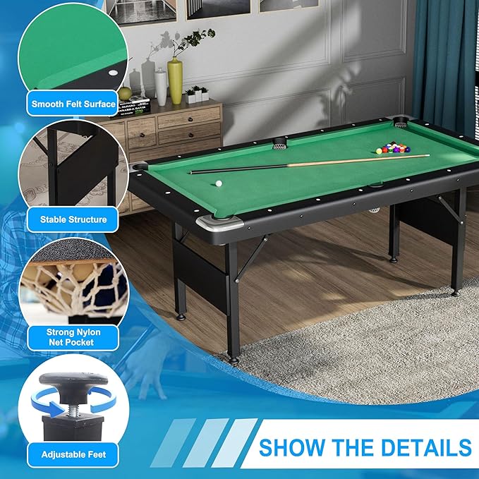 3 in 1 Billiard Table, 5.5 FT Folding Pool Table with Ping Pong Table and Dining Top, Multi Game Table Includes Billiard Accessories and Tennis Paddles for Family Game Room, Basements